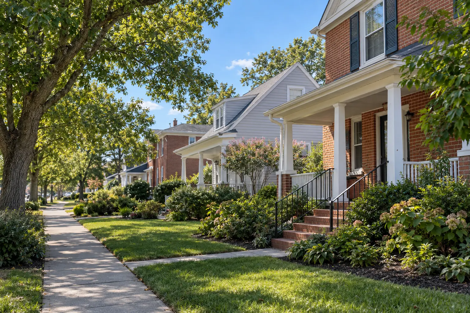 Representative Mid-Atlantic neighborhood street with brick and siding homes