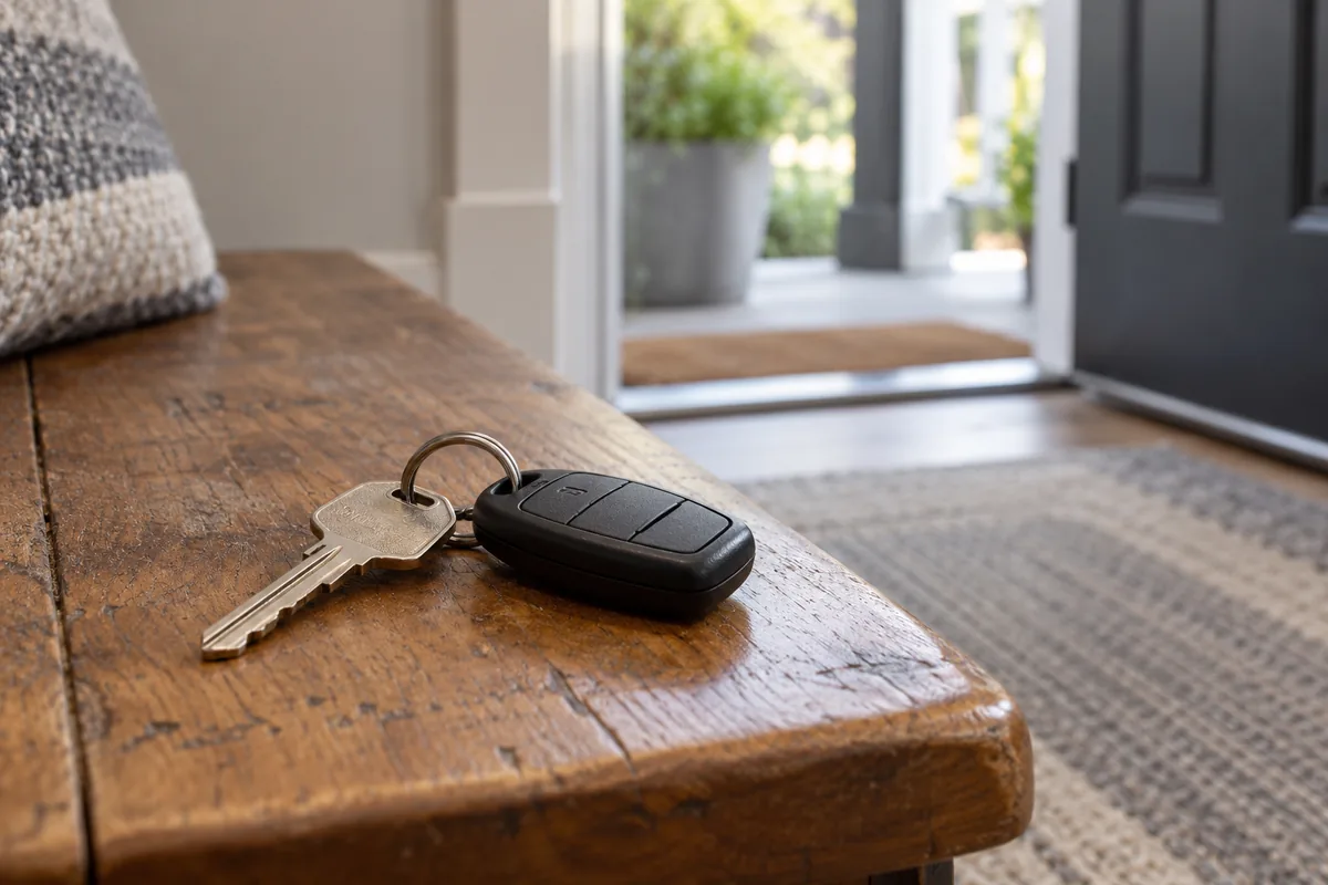 Illustrative close view of keys resting on a wooden entrance bench