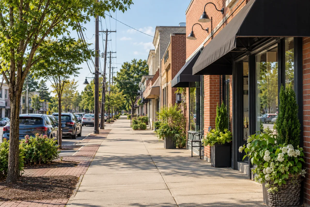 Illustrative neighborhood commercial street with shops and nearby parking